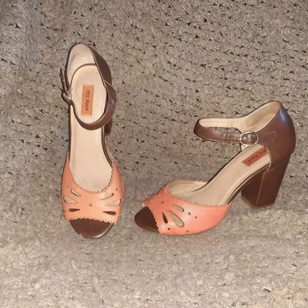 MIZ MOOZ-Rhoda-Orange/Brown Leather-Block Heel-Peep Toe-Sz 7.5-Excellent